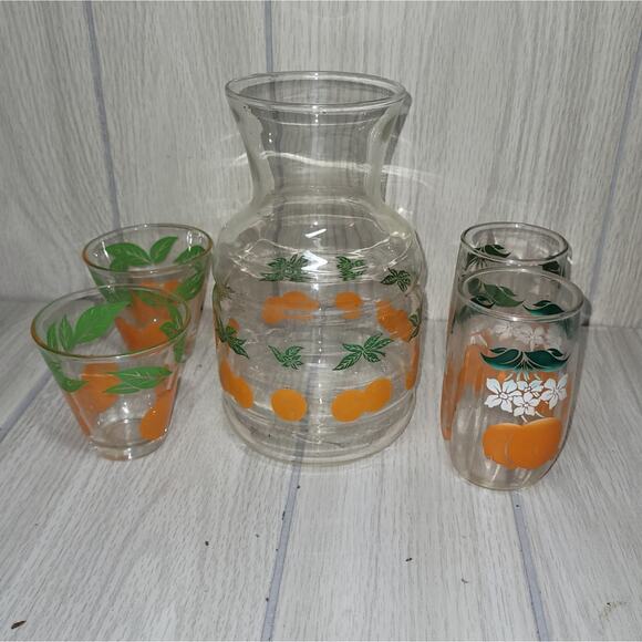 Vntg 1960s Orange Juice Carafe Juice Glasses And Shot Glasses Lot Of 5 Barware - Picture 7 of 7